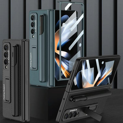 For Samsung Galaxy Z Fold4 5G Leather Case With Holder & Pen Slots - Thin & Shockproof - Carbon Fiber Texture