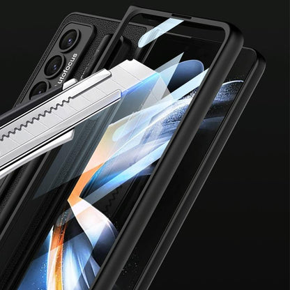 For Samsung Galaxy Z Fold4 5G Leather Case With Holder & Pen Slots - Thin & Shockproof - Carbon Fiber Texture