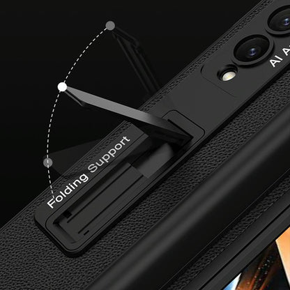 For Samsung Galaxy Z Fold4 5G Leather Case With Holder & Pen Slots - Thin & Shockproof - Carbon Fiber Texture