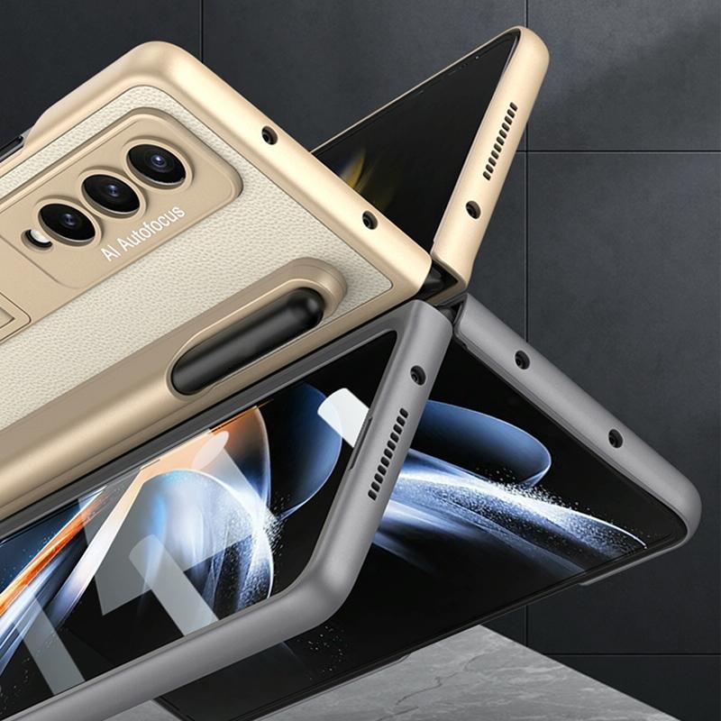 For Samsung Galaxy Z Fold4 5G Leather Case With Holder & Pen Slots - Thin & Shockproof - Carbon Fiber Texture