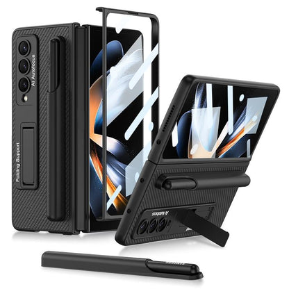 For Samsung Galaxy Z Fold4 5G Leather Case With Holder & Pen Slots - Thin & Shockproof - Carbon Fiber Texture