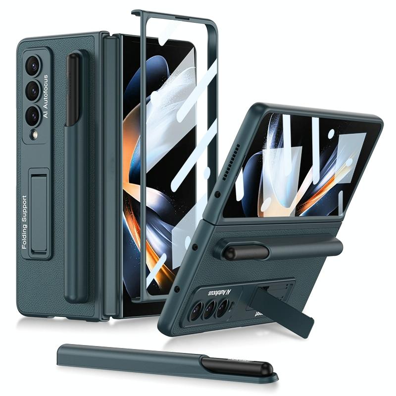 For Samsung Galaxy Z Fold4 5G Leather Case With Holder & Pen Slots - Thin & Shockproof - Carbon Fiber Texture