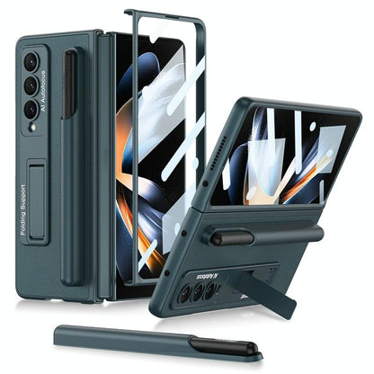 For Samsung Galaxy Z Fold4 5G Leather Case With Holder & Pen Slots - Thin & Shockproof - Carbon Fiber Texture