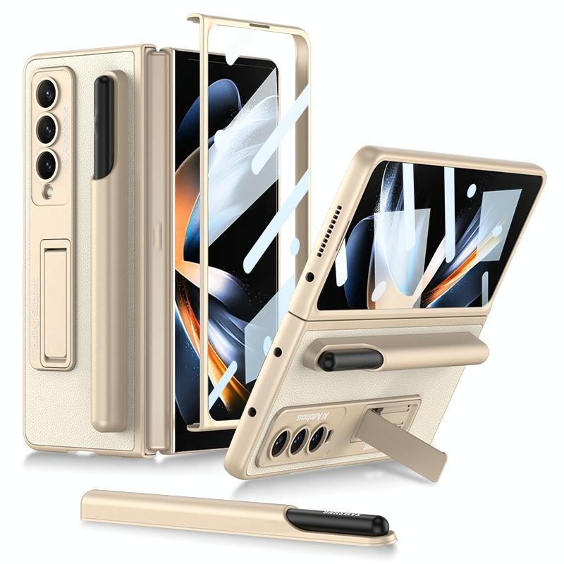 For Samsung Galaxy Z Fold4 5G Leather Case With Holder & Pen Slots - Thin & Shockproof - Carbon Fiber Texture