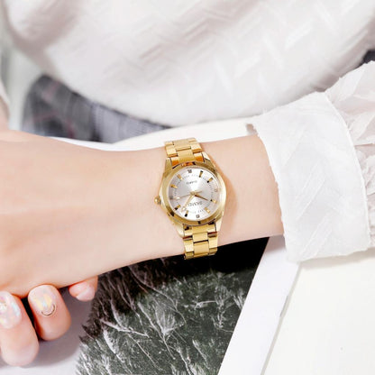 Waterproof Quartz Women Watch with Rhinestone Steel Strap - Delicate and Creative - White