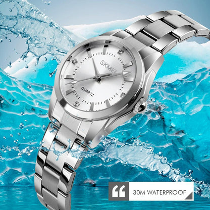 Waterproof Quartz Women Watch with Rhinestone Steel Strap - Delicate and Creative - White