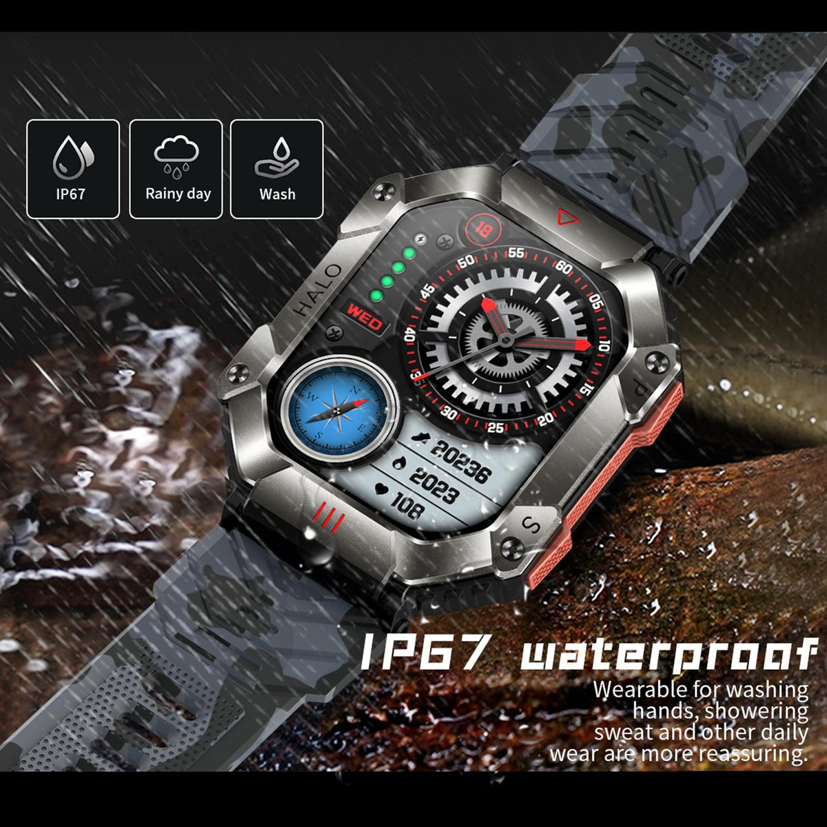 2.0 Inch Bt5.1 Ip67 Sport Smart Watch Support Bluetooth Call / Sleep / Blood Oxygen / Heart Rate / Blood Pressure Health Monitor - Black + Camouflage