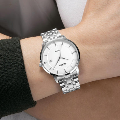 Men Casual Quartz Watch with Calendar - 1801 - Silver Steel Belt