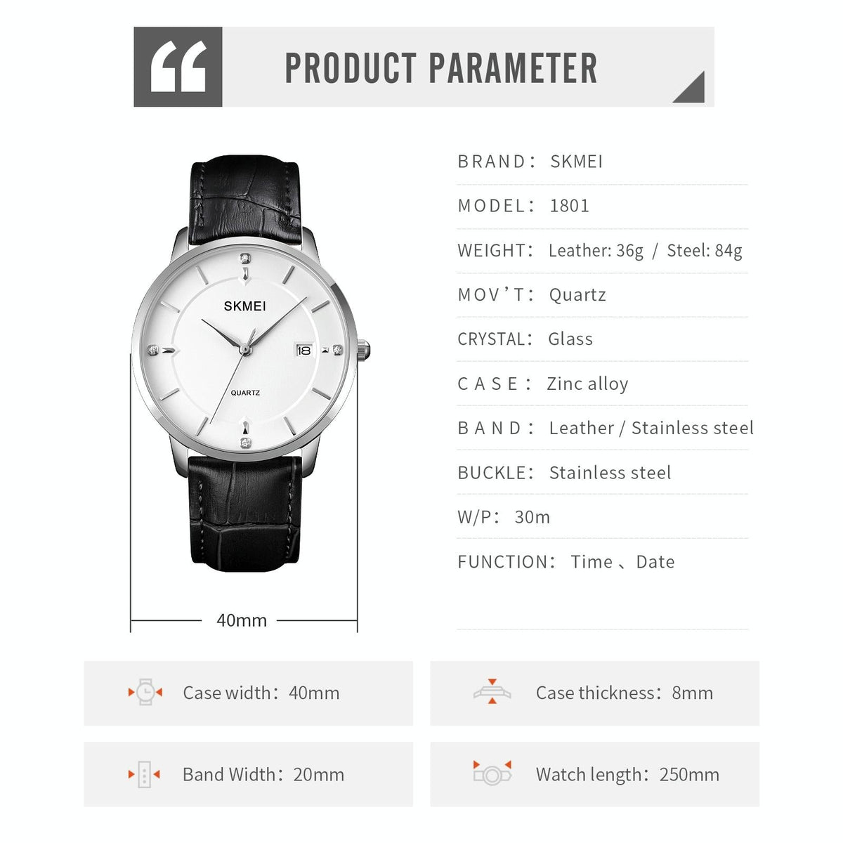 Men Casual Quartz Watch with Calendar - 1801 - Silver Steel Belt