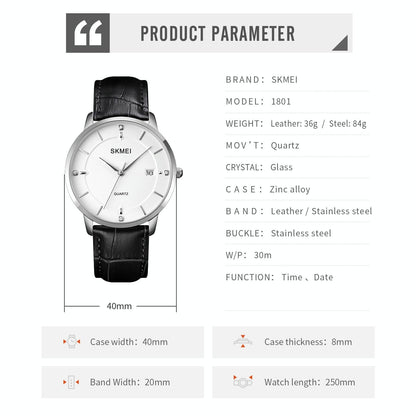Men Casual Quartz Watch with Calendar - 1801 - Silver Steel Belt