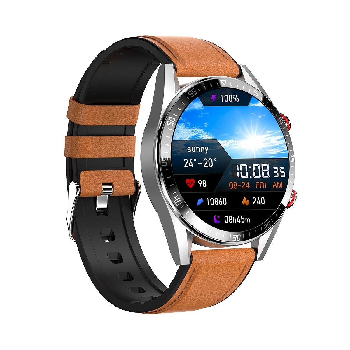 Leather Strap Amoled Smart Watch With Heart Rate And Blood Pressure Monitoring - Brown