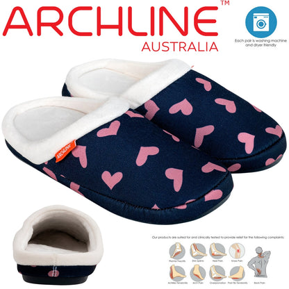 ARCHLINE Orthotic Slippers Slip On Scuffs Pain Relief Moccasins - Navy with Hearts - EUR 37 (Womens US 6)