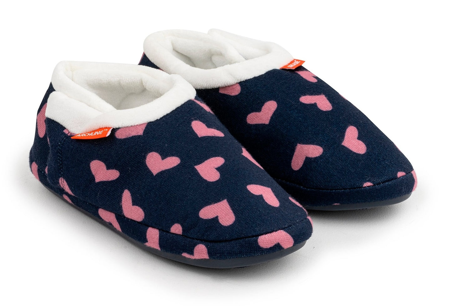 ARCHLINE Orthotic Slippers CLOSED Arch Scuffs Moccasins Pain Relief in Navy Hearts - EUR37