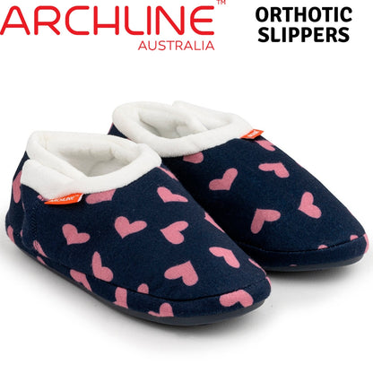 ARCHLINE Orthotic Slippers CLOSED Arch Scuffs Moccasins Pain Relief in Navy Hearts - EUR37
