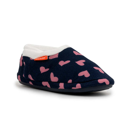 ARCHLINE Orthotic Slippers CLOSED Arch Scuffs Moccasins Pain Relief in Navy Hearts - EUR37