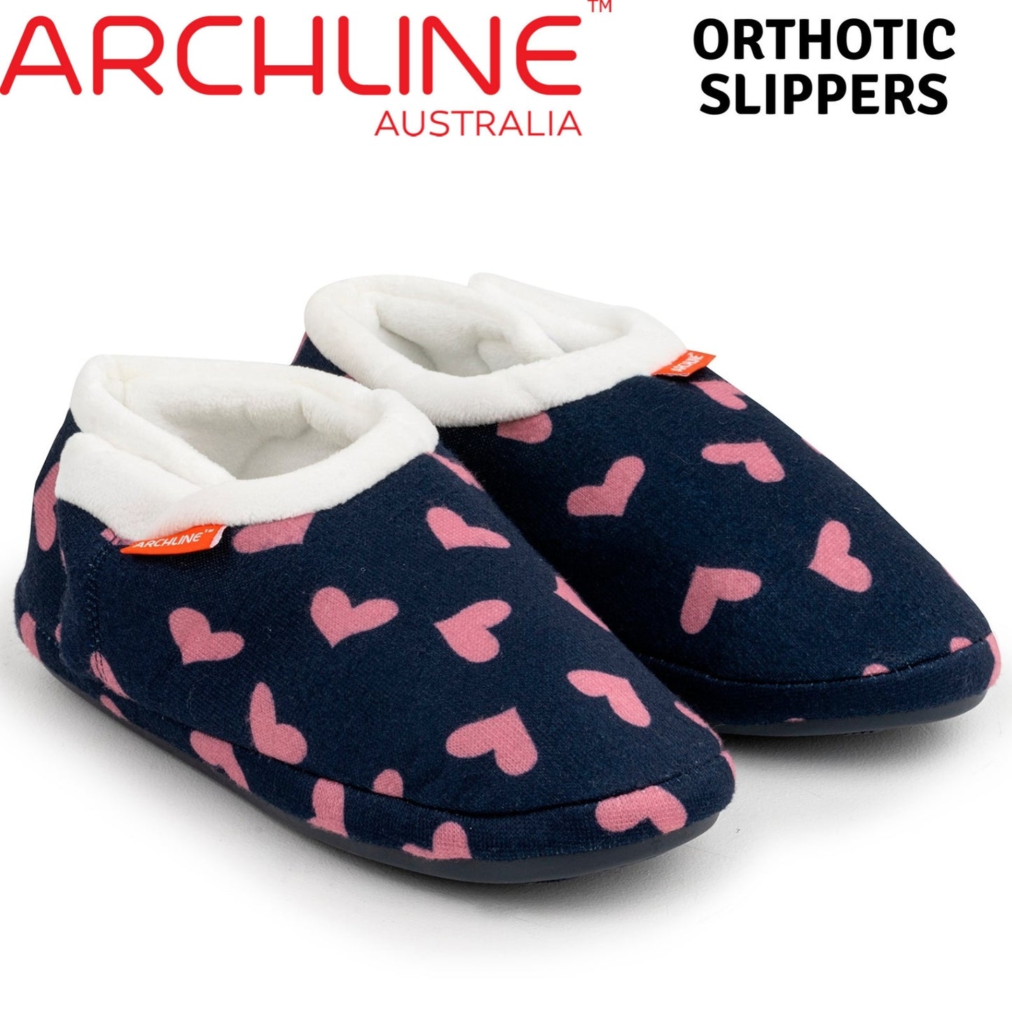 ARCHLINE Orthotic Slippers CLOSED Arch Scuffs Moccasins Pain Relief in Navy Hearts - EUR38