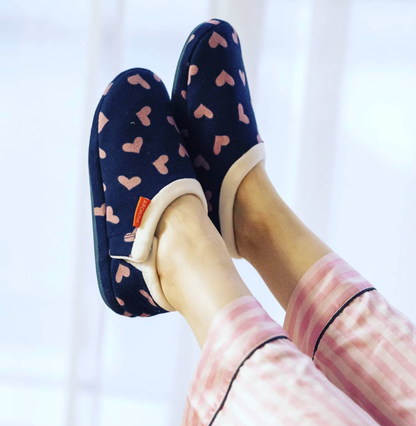 ARCHLINE Orthotic Slippers CLOSED Arch Scuffs Moccasins Pain Relief in Navy Hearts - EUR39