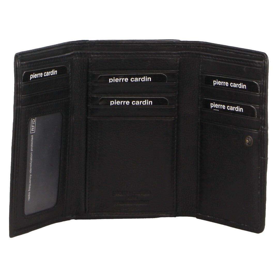 Pierre Cardin Womens Leather Woven Design Tri Fold RFID Wallet Travel in Black