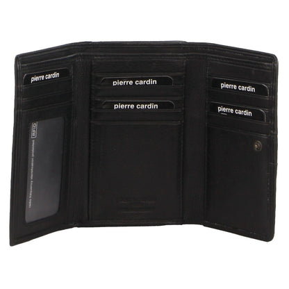 Pierre Cardin Womens Leather Woven Design Tri Fold RFID Wallet Travel in Black