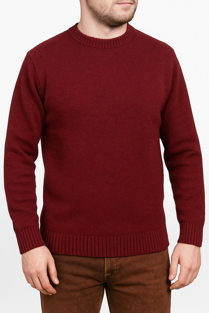 100% SHETLAND RAGG WOOL CREW Round Neck Knit JUMPER Pullover Mens Sweater Knitted - Burgundy - L
