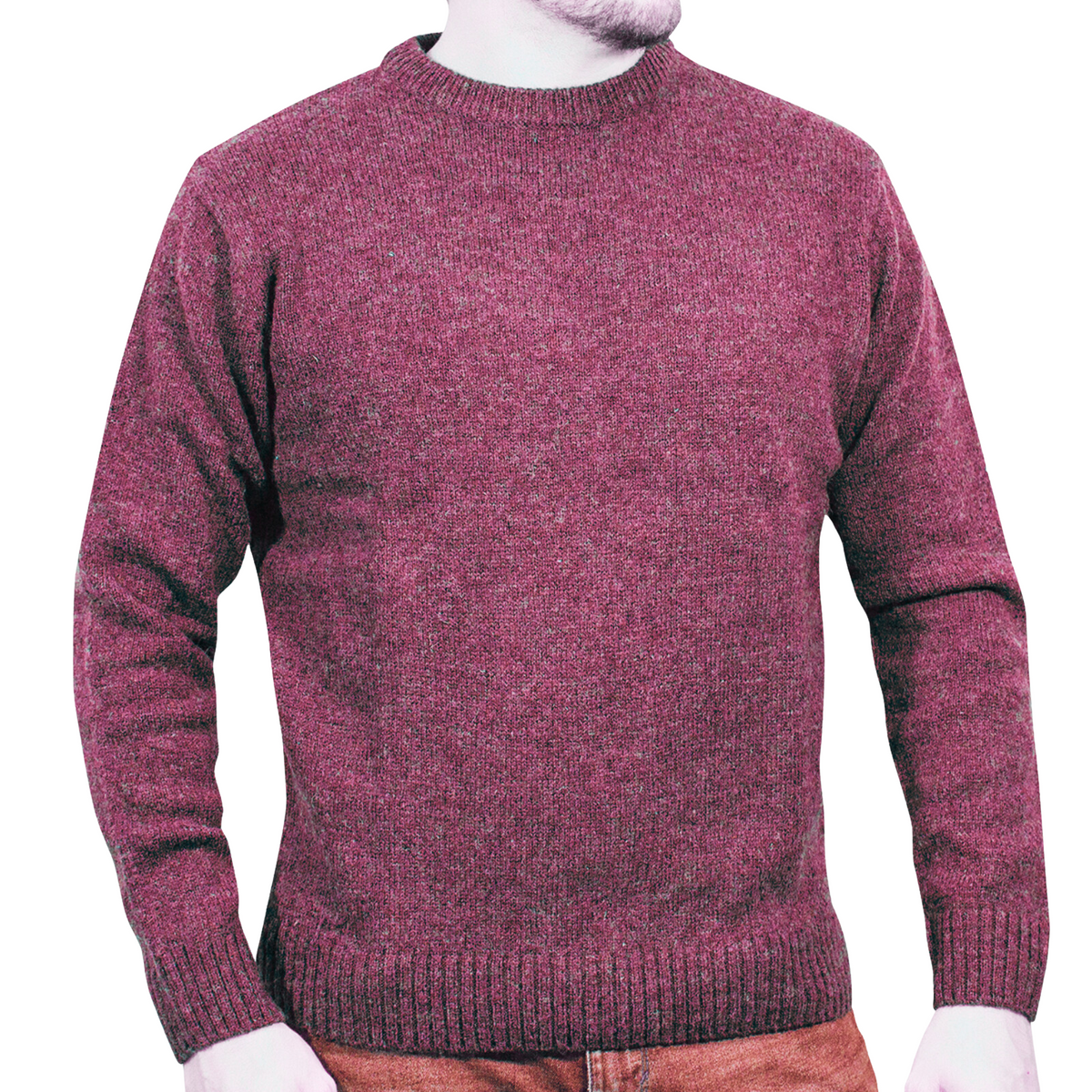 100% SHETLAND RAGG WOOL CREW Round Neck Knit JUMPER Pullover Mens Sweater Knitted - Burgundy - L