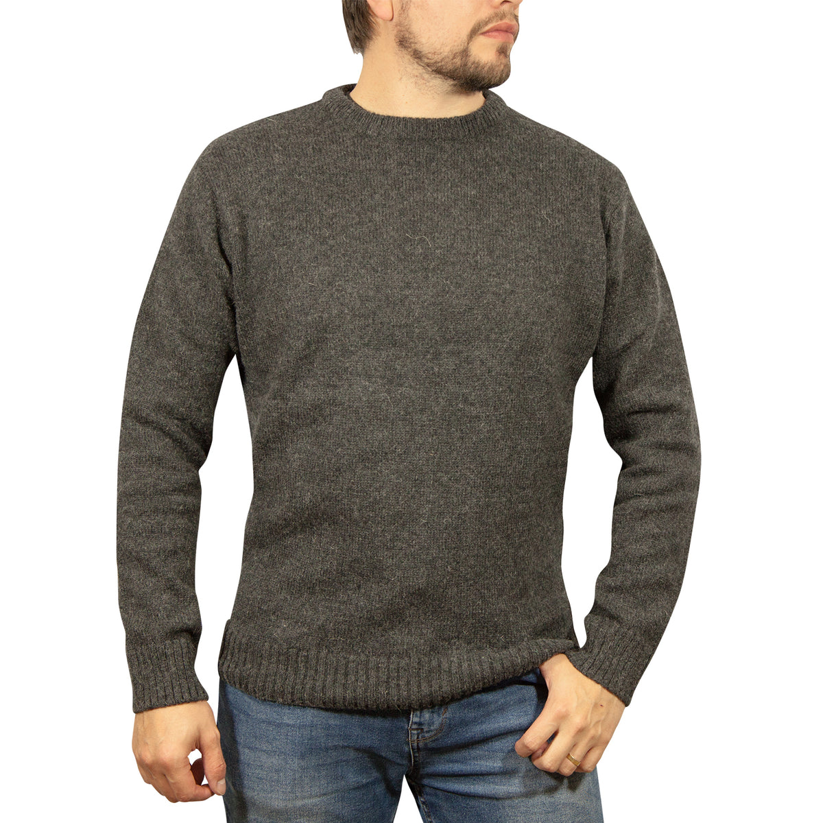 Mens 100% Shetland Ragg Wool Round Neck Knit Jumper Pullover Crew Sweater - Charcoal (29) - XL