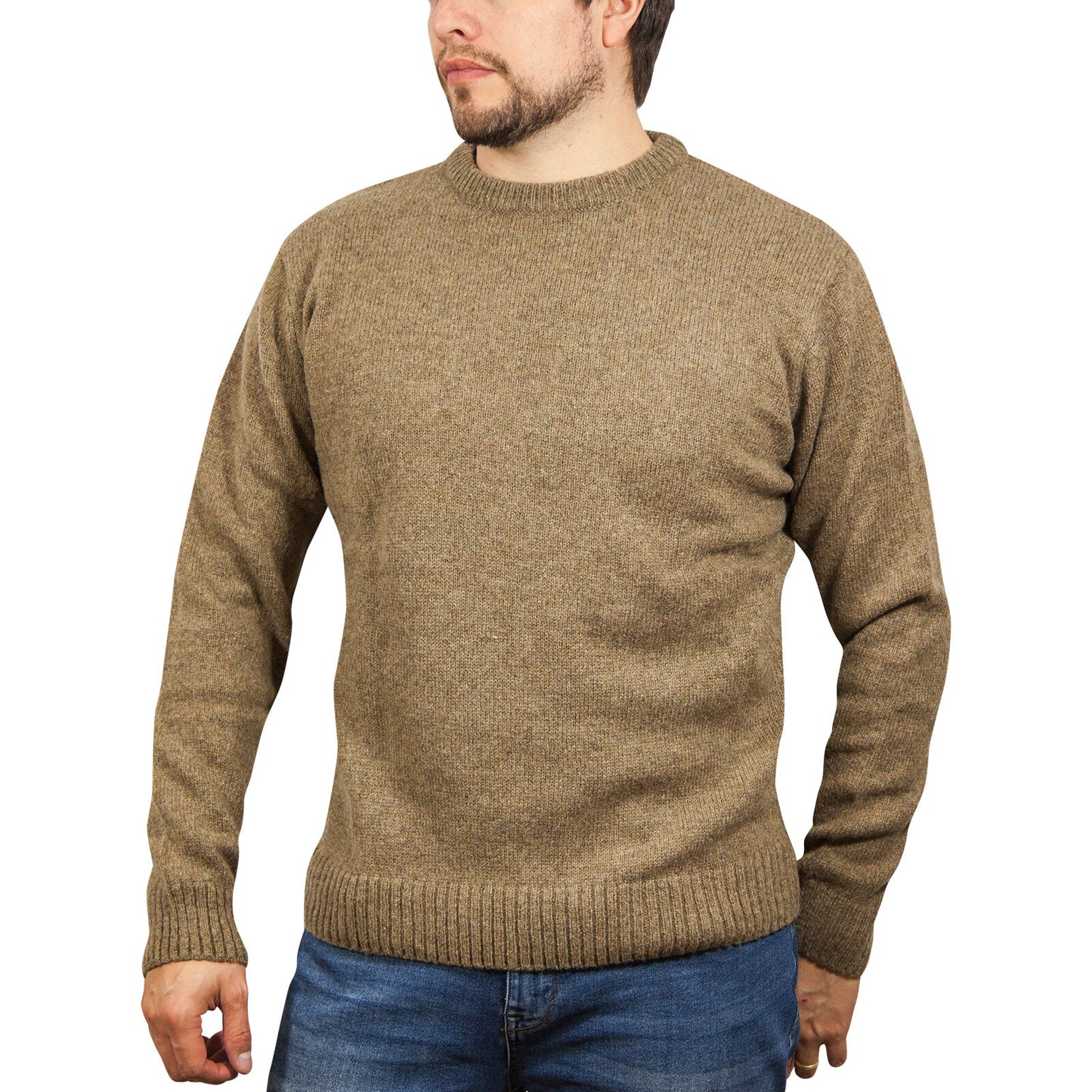 100% SHETLAND RAGG WOOL CREW Round Neck Knit JUMPER Pullover Mens Sweater Knitted - Nutmeg - 4XL
