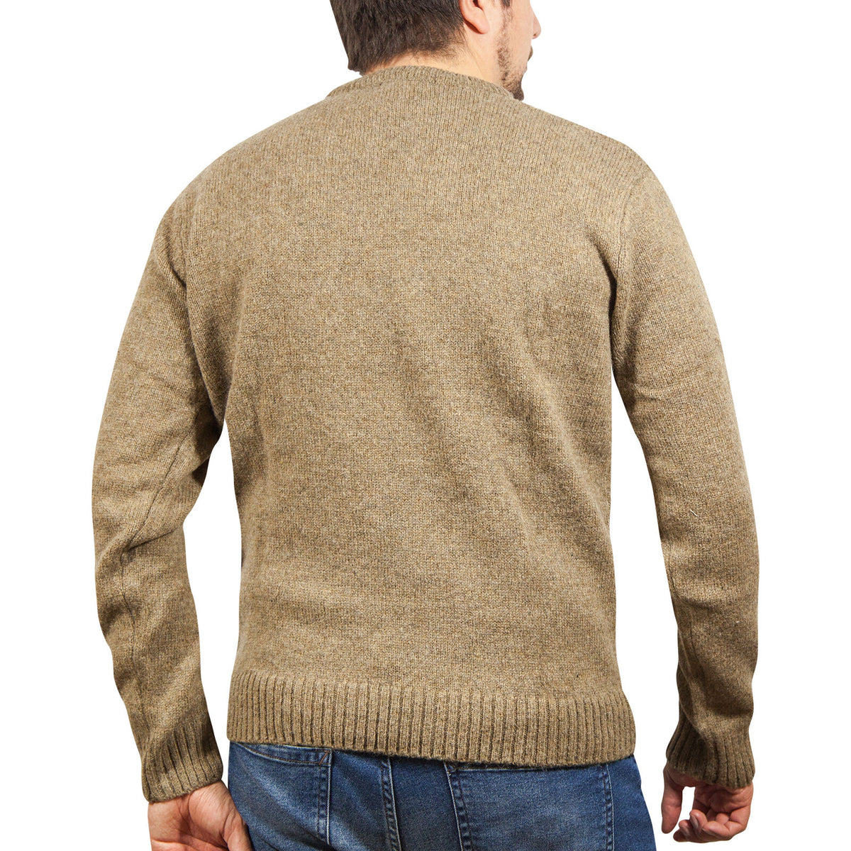 100% SHETLAND RAGG WOOL CREW Round Neck Knit JUMPER Pullover Mens Sweater Knitted - Nutmeg - L
