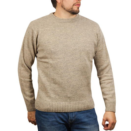 100% SHETLAND RAGG WOOL CREW Round Neck Knit JUMPER Pullover Mens Sweater Knitted - Beige - 5XL