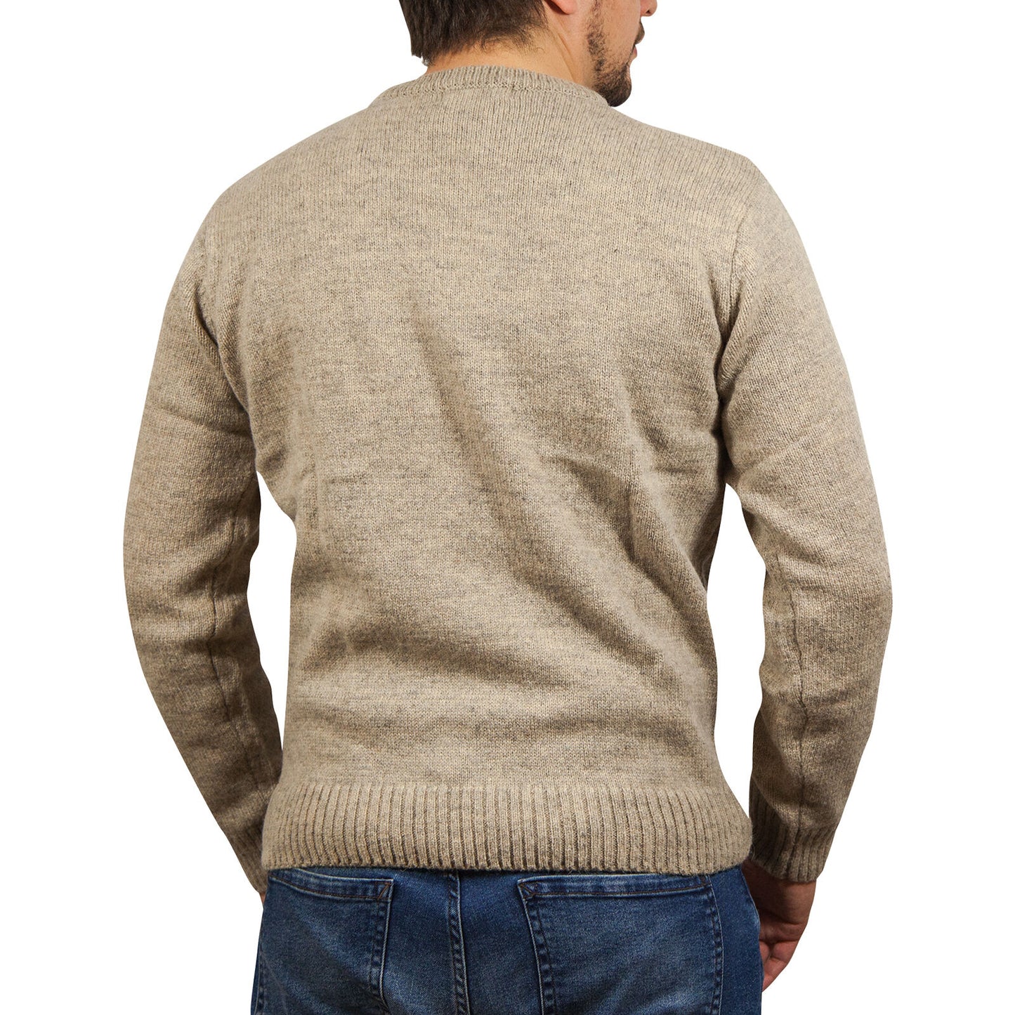 100% SHETLAND RAGG WOOL CREW Round Neck Knit JUMPER Pullover Mens Sweater Knitted - Beige - 5XL