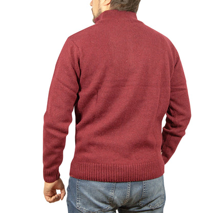 100% SHETLAND RAGG WOOL Half Zip Up Knit JUMPER Pullover Mens Sweater Knitted - Burgundy - M