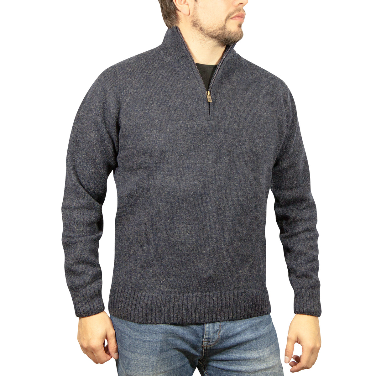 100% SHETLAND RAGG WOOL Half Zip Up Knit JUMPER Pullover Mens Sweater Knitted - Denim Blue (45) - 3XL - S