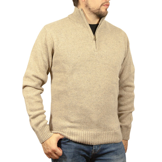 100% SHETLAND RAGG WOOL Half Zip Up Knit JUMPER Pullover Mens Sweater Knitted - Oat Marle - S