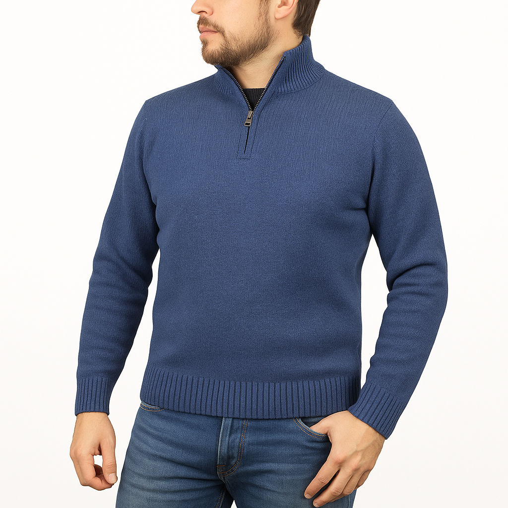 100% SHETLAND RAGG WOOL Half Zip Up Knit JUMPER Pullover Mens Sweater Knitted in Sky  - L