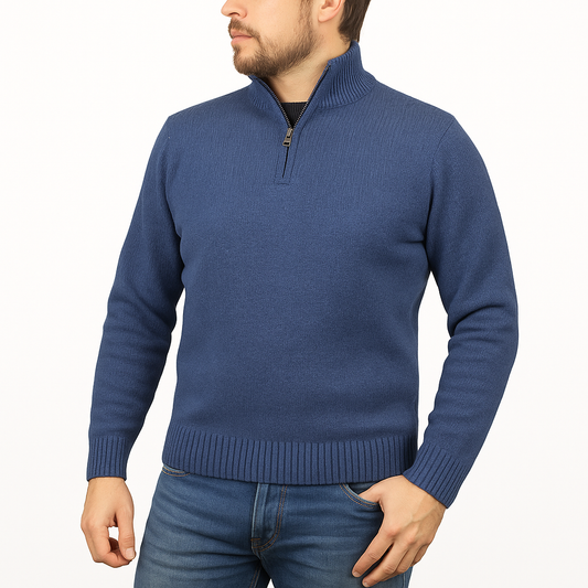 100% SHETLAND RAGG WOOL Half Zip Up Knit JUMPER Pullover Mens Sweater Knitted in Sky  - S