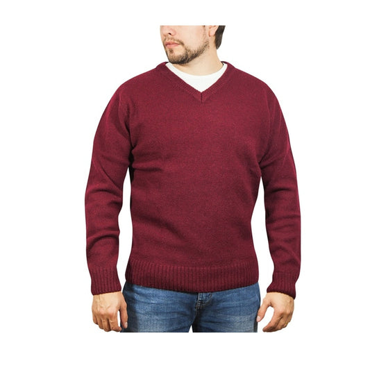 100% Shetland Ragg Wool V Neck Knit Jumper Pullover Mens Sweater Knitted - Burgundy - S