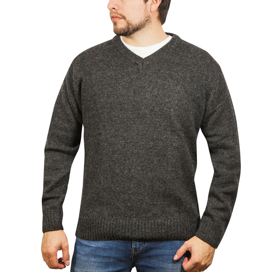 100% Shetland Ragg Wool V Neck Knit Jumper Pullover Mens Sweater Knitted - Charcoal - 4XL