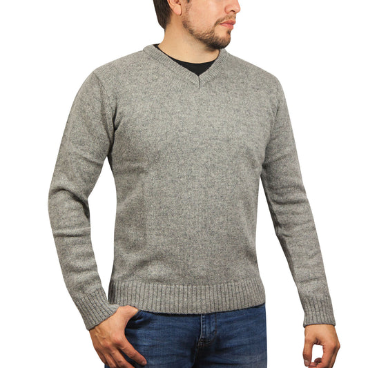 100% Shetland Ragg Wool V Neck Knit Jumper Pullover Mens Sweater Knitted - Grey - S