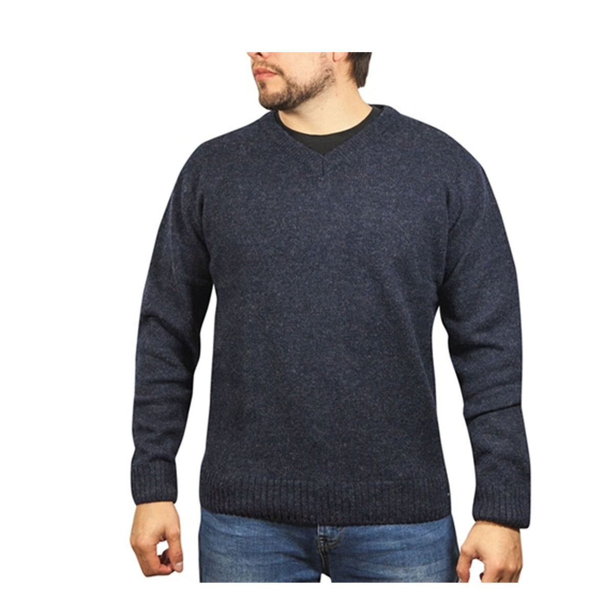 100% Shetland Ragg Wool V Neck Knit Jumper Pullover Mens Sweater Knitted - Navy - 6XL