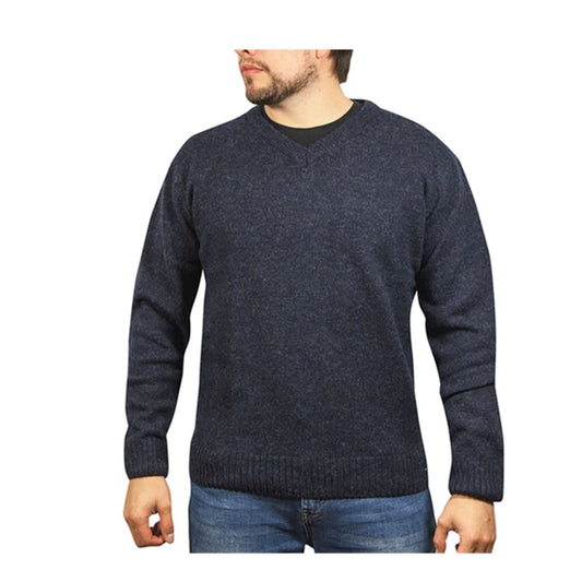 100% Shetland Ragg Wool V Neck Knit Jumper Pullover Mens Sweater Knitted - Navy - L