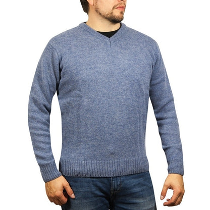 100% Shetland Ragg Wool V Neck Knit Jumper Pullover Mens Sweater Knitted - Sky - 5XL