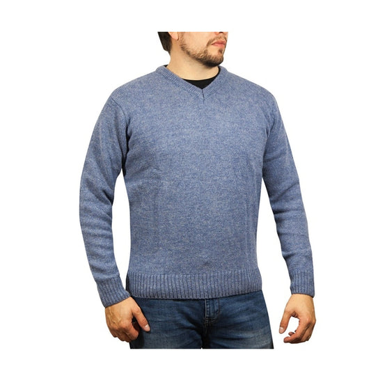 100% Shetland Ragg Wool V Neck Knit Jumper Pullover Mens Sweater Knitted - Sky - L