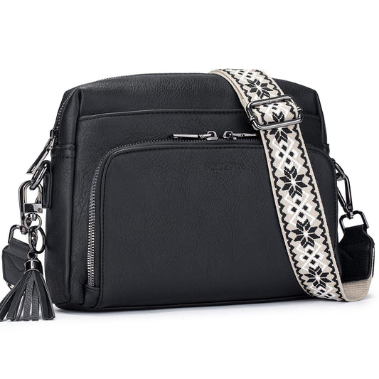 Black Vintage Multi-Zip Crossbody Bag with Card Slots and Adjustable Strap, Minimalist Solid Color Shoulder Bag