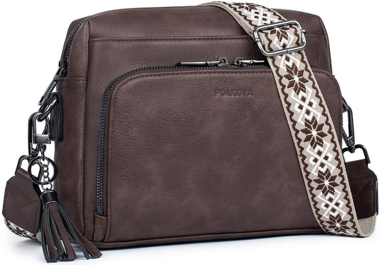 Dark Brown Vintage Multi-Zip Crossbody Bag with Card Slots and Adjustable Strap, Minimalist Solid Color Shoulder Bag