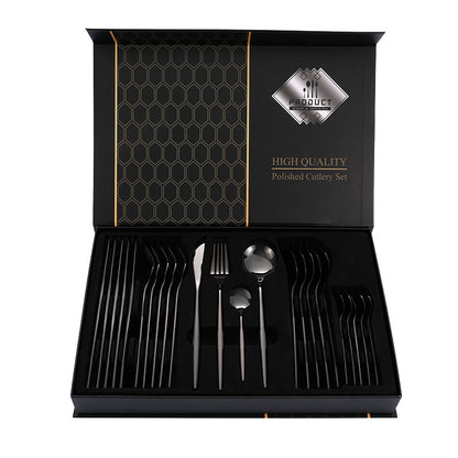 Black Color Premium 24-Piece Stainless Steel Cutlery Set - Elegant Golden Steak Knife, Fork, and Spoon Set in Luxury Gift Box