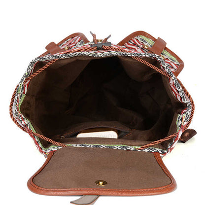 Green Bohemian Style Canvas Backpack - Vintage Tribal Pattern Travel Bag with Leather Straps