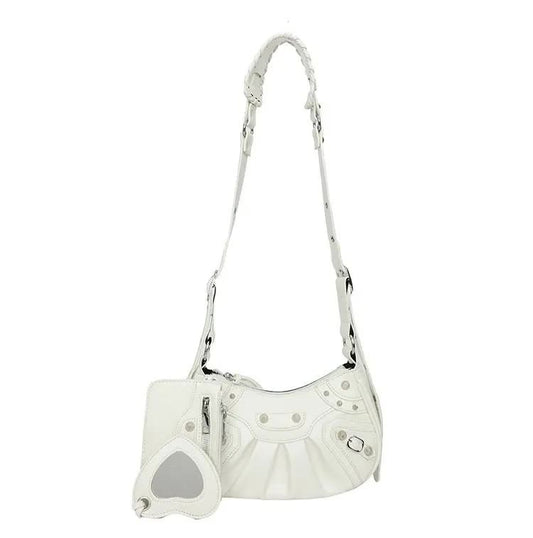 White Vintage Rivet Crescent Moon Bag with Card Holder & Mirror, French Retro PU Leather Shoulder & Crossbody Motorcycle Bag for Women