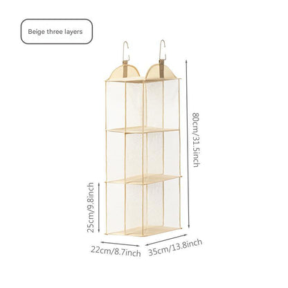 Beige Hanging Dustproof Storage Bag - Multi-Layer Organizer for Bags, Clothes & Accessories, 3-Tier Non-Woven Fabric