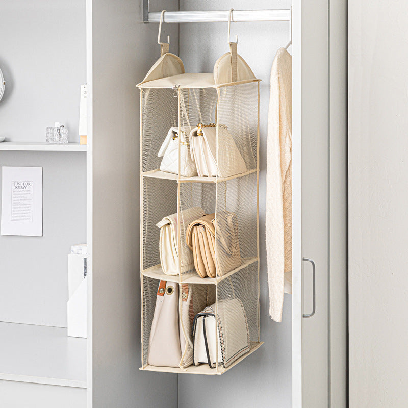 Beige Hanging Dustproof Storage Bag - Multi-Layer Organizer for Bags, Clothes & Accessories, 3-Tier Non-Woven Fabric