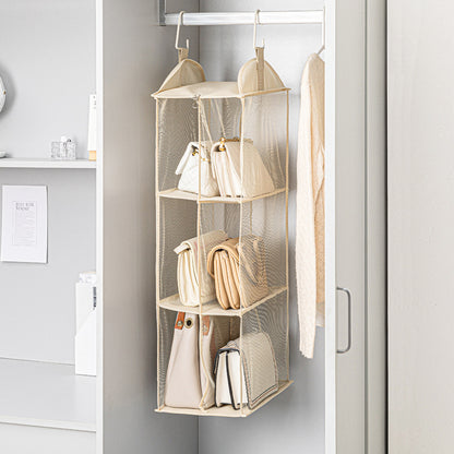 Beige Hanging Dustproof Storage Bag - Multi-Layer Organizer for Bags, Clothes & Accessories, 3-Tier Non-Woven Fabric